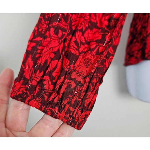 Knox Rose Womens XL Red Floral Peplum Blouse Smocked Waist & Long Sleeves - Picture 8 of 12